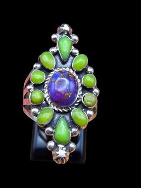 Sterling Silver Green Gaspeite Purple Gemstone Ring Southwestern AA Size 9